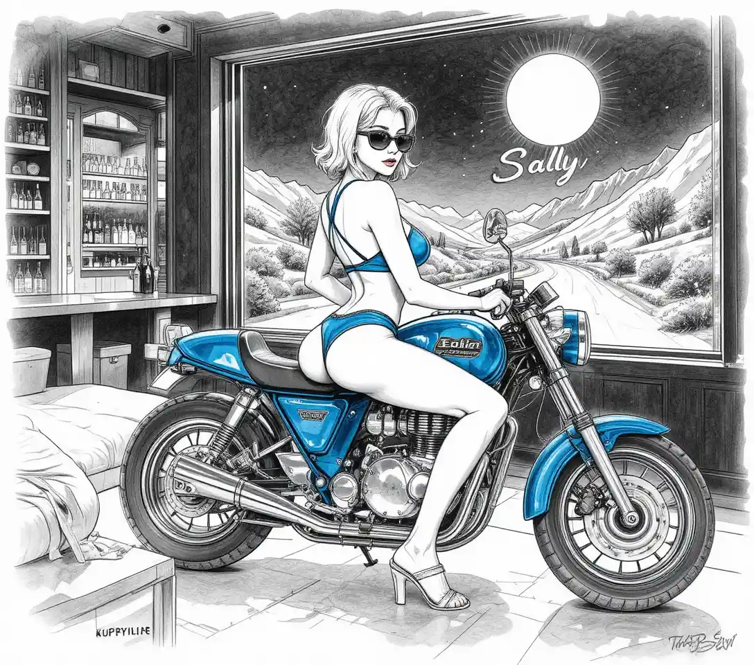Donna dai capelli rossi su moto blu scuro in bar al neon
