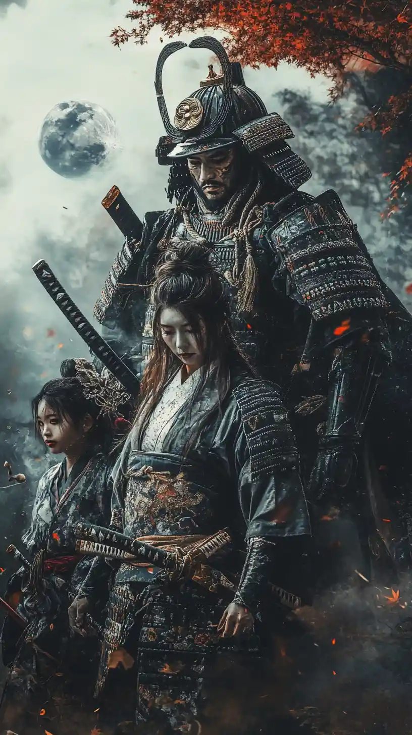 Samouraï debout dans une scène surréaliste d’illusion dark fantasy