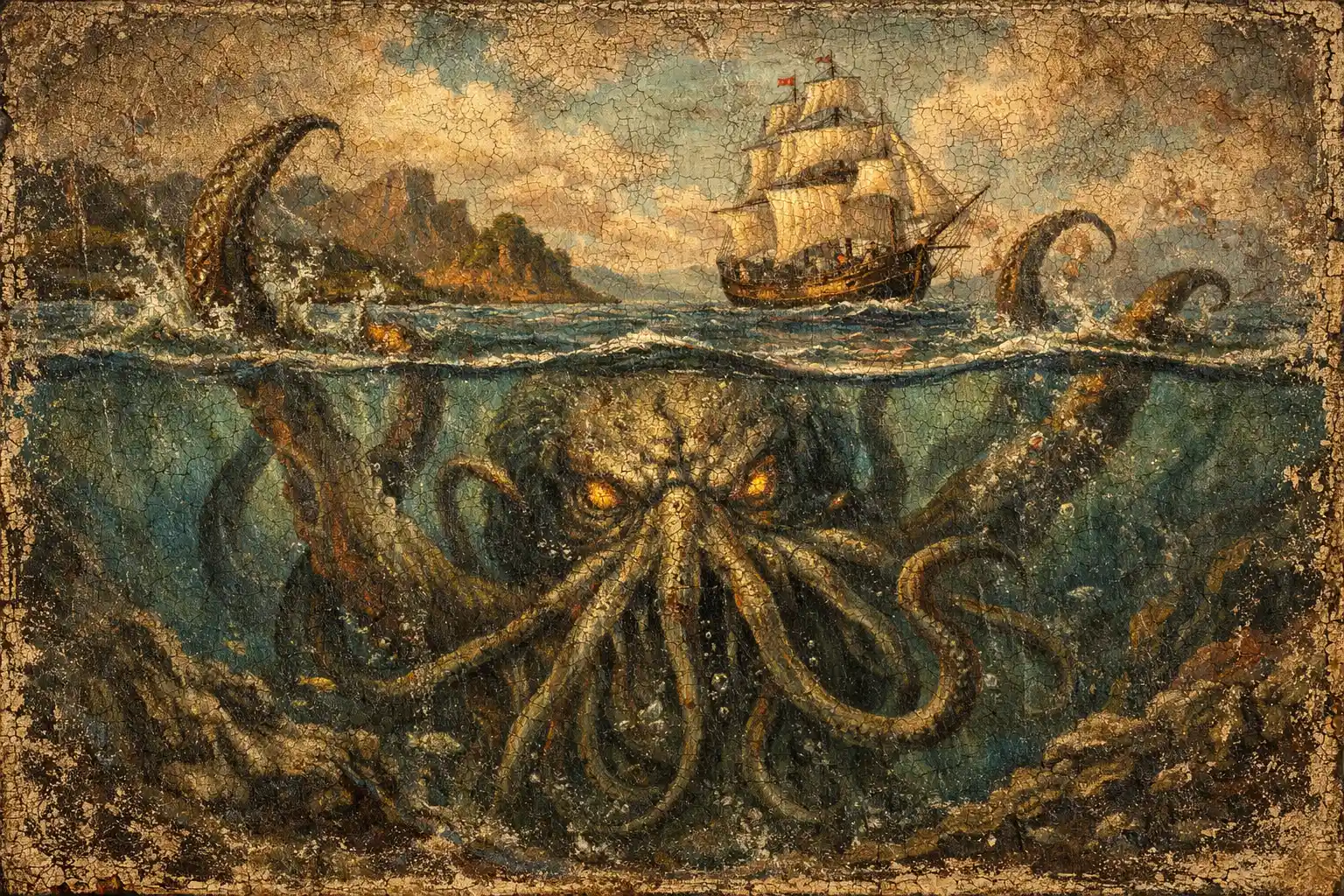 Ancient oil painting of a kraken rising toward a sailing ship