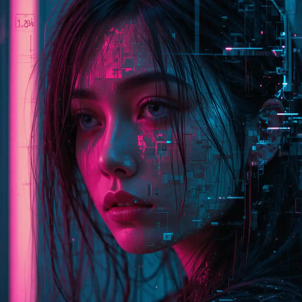 조각난 네온 글리치 스타일의 슬픈 여성 초상