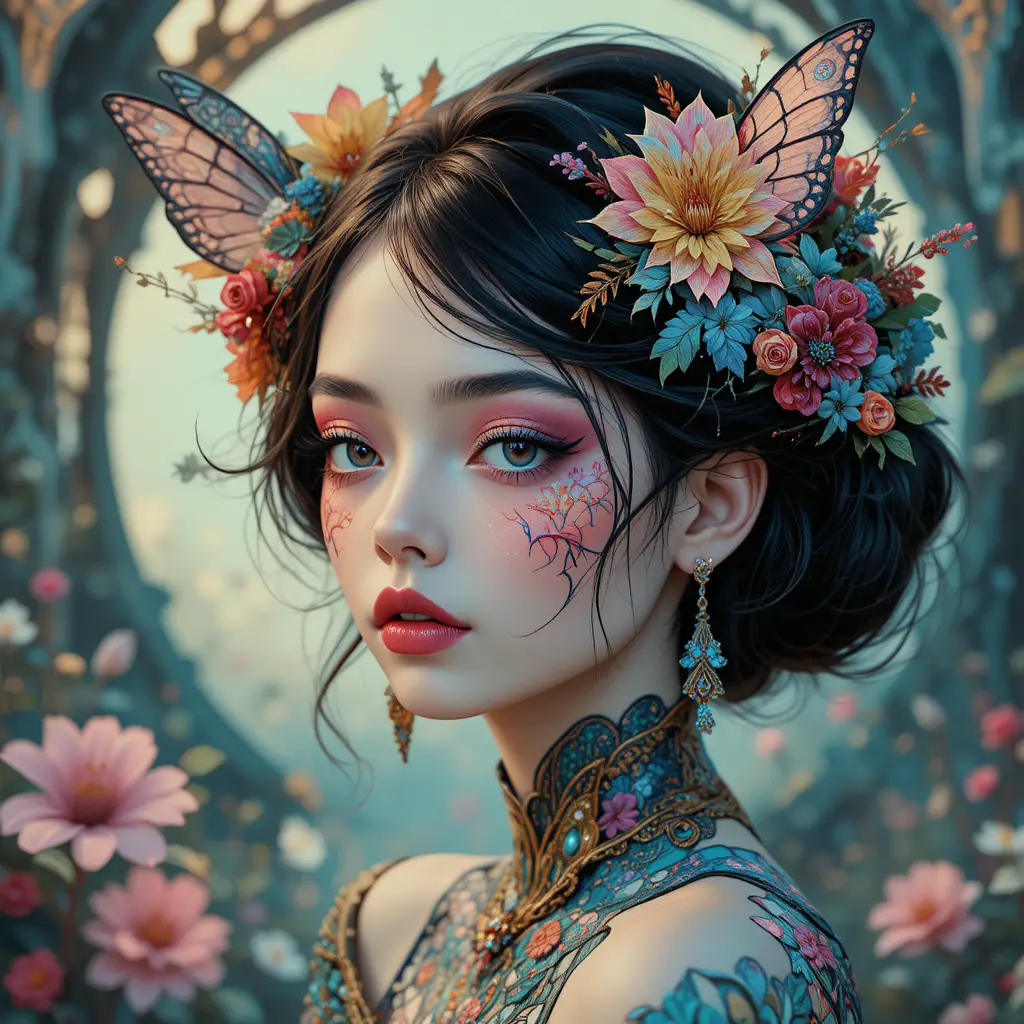 Portrait de femme fantaisiste dans un style d’illustration fantasy onirique