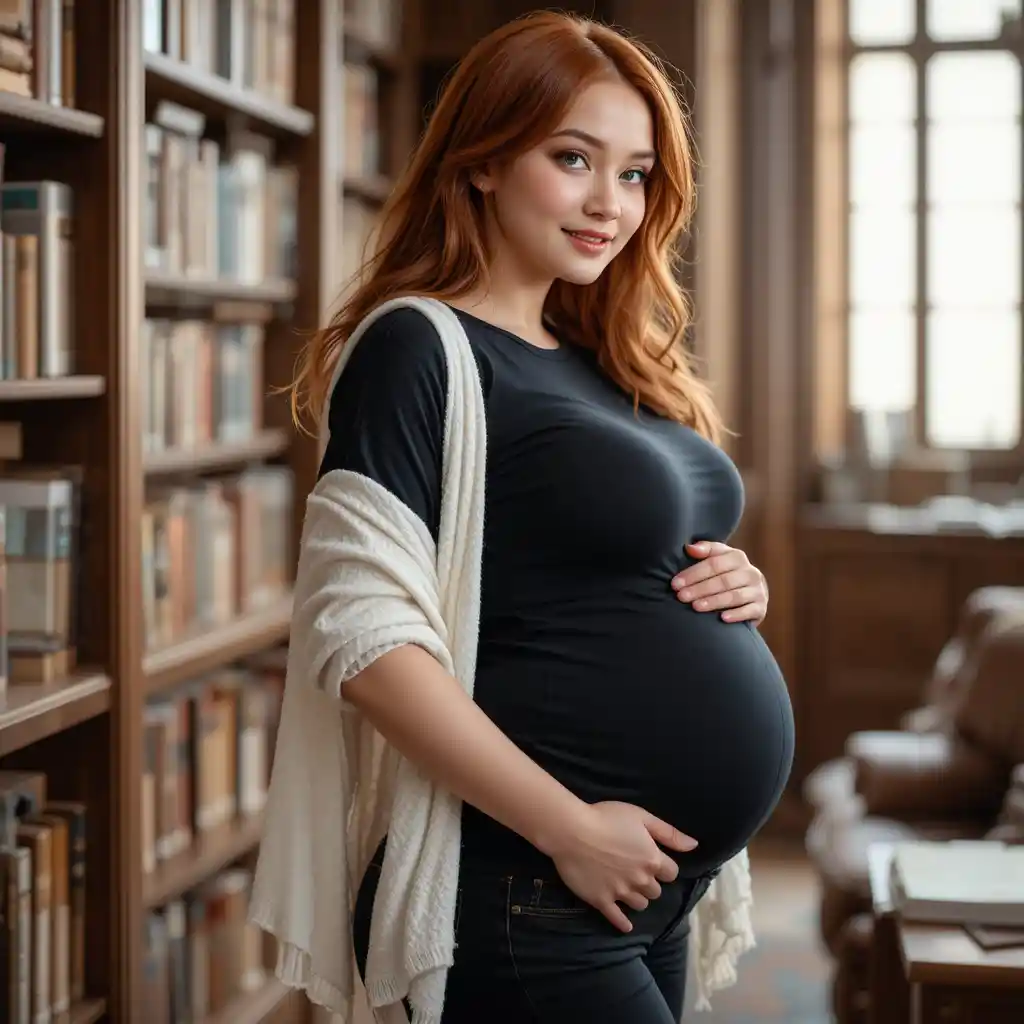 Mulher grávida segurando delicadamente a barriga em uma biblioteca aconchegante