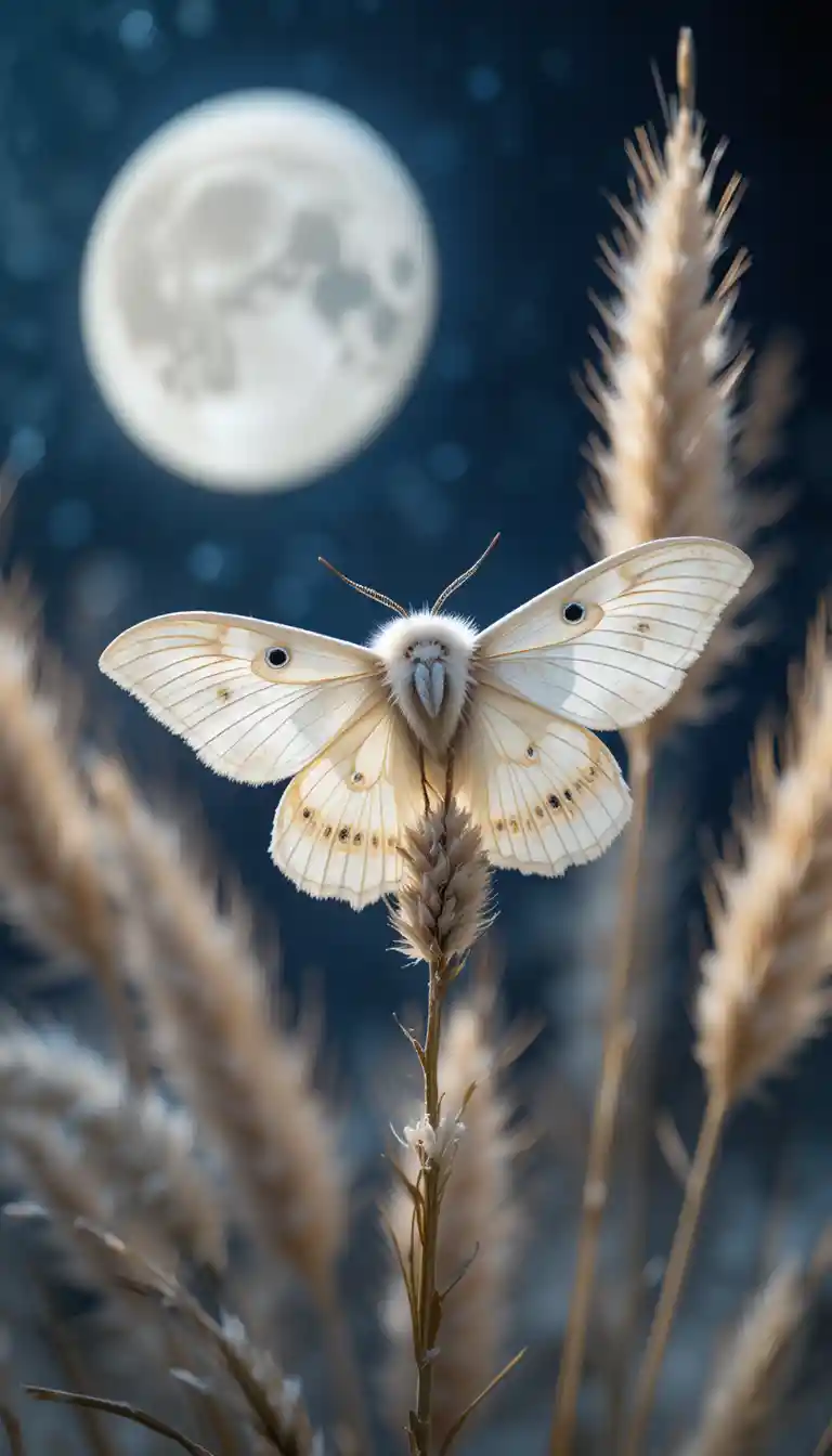 Falena bianca su erba della pampa sotto una luminosa luna piena
