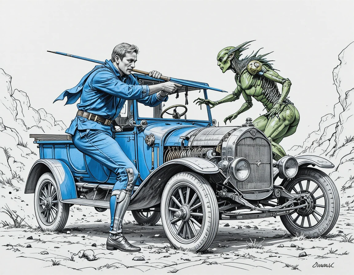 Blaues Vintage-Ford Model T im Studio in Profilansicht