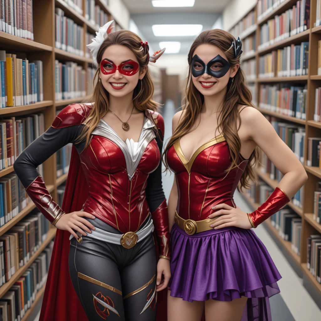 Two women in superhero costumes posing together in a library