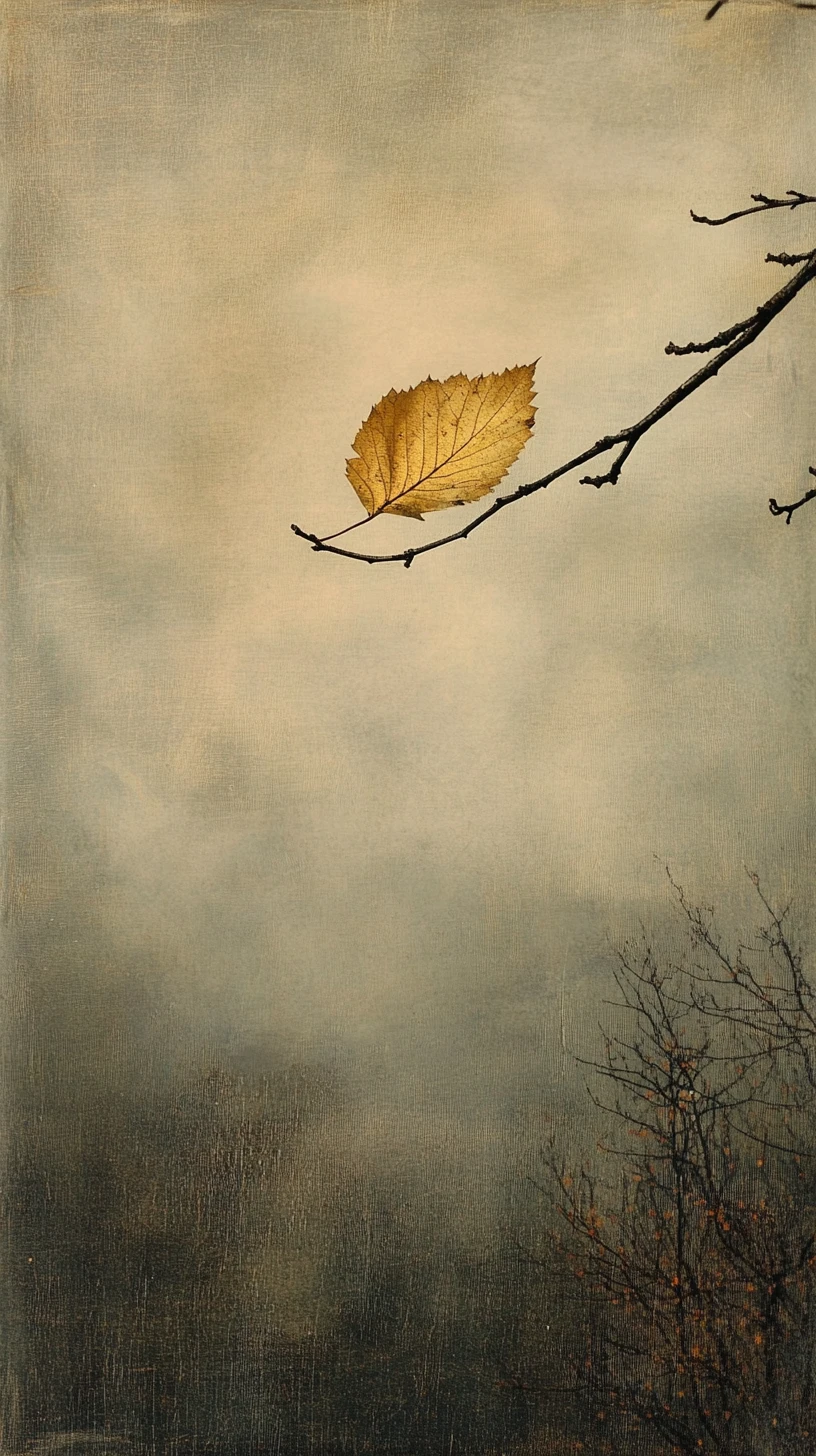 Single golden leaf clinging to a branch in soft mist