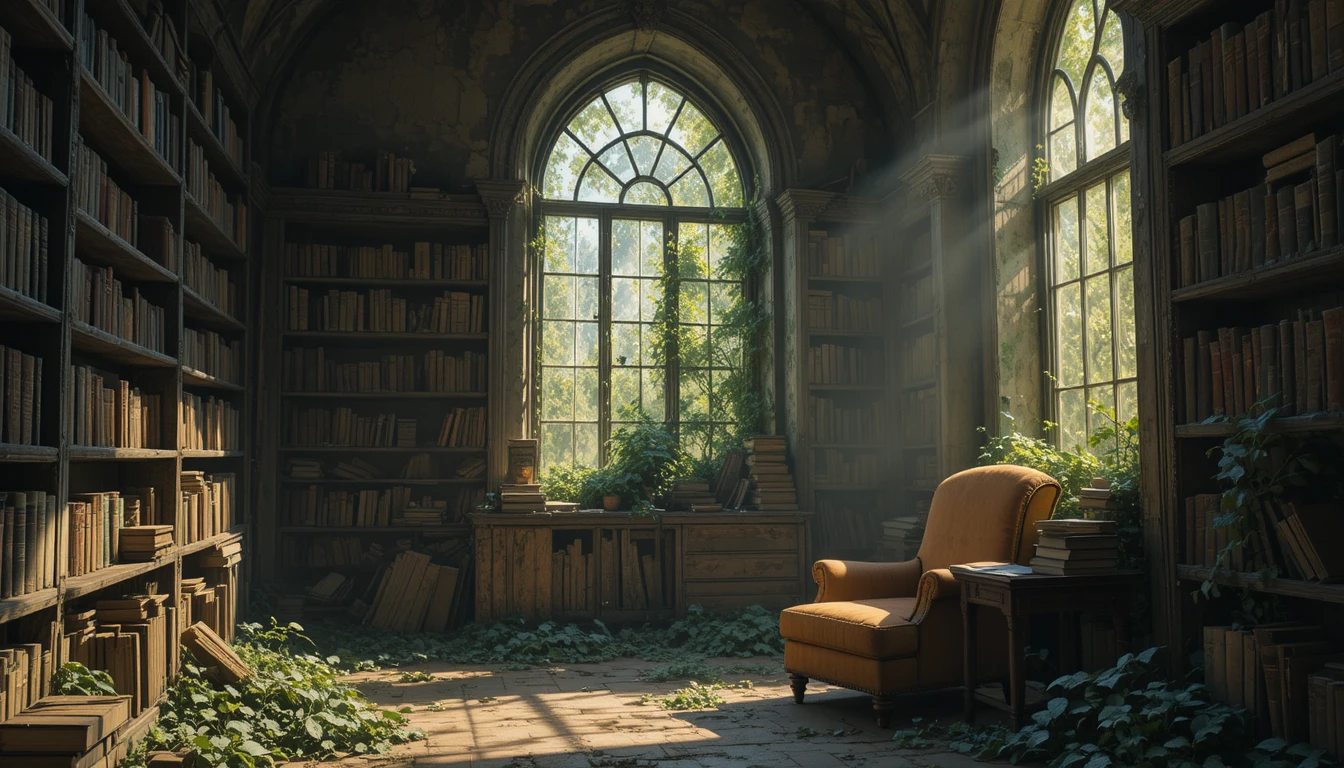 Antiga biblioteca banhada pelo sol com uma única poltrona de leitura gasta
