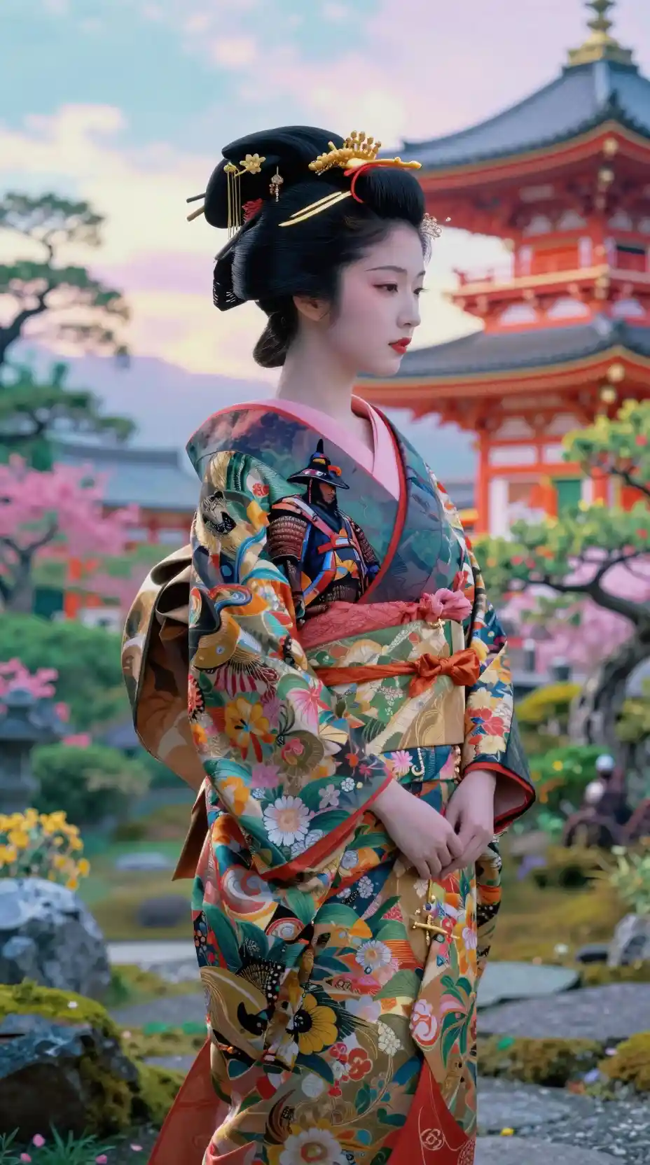 Serene geisha profile with layered double exposure effect