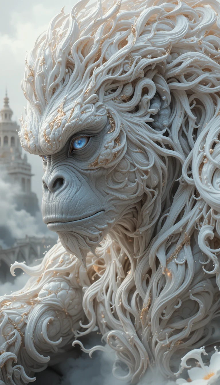 White gorilla warrior with glowing blue tribal tattoos