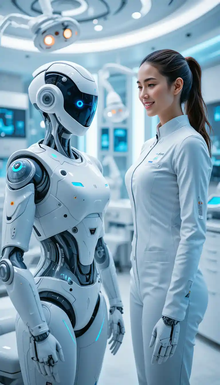 Futuristic female dentist with humanoid robot in clinic