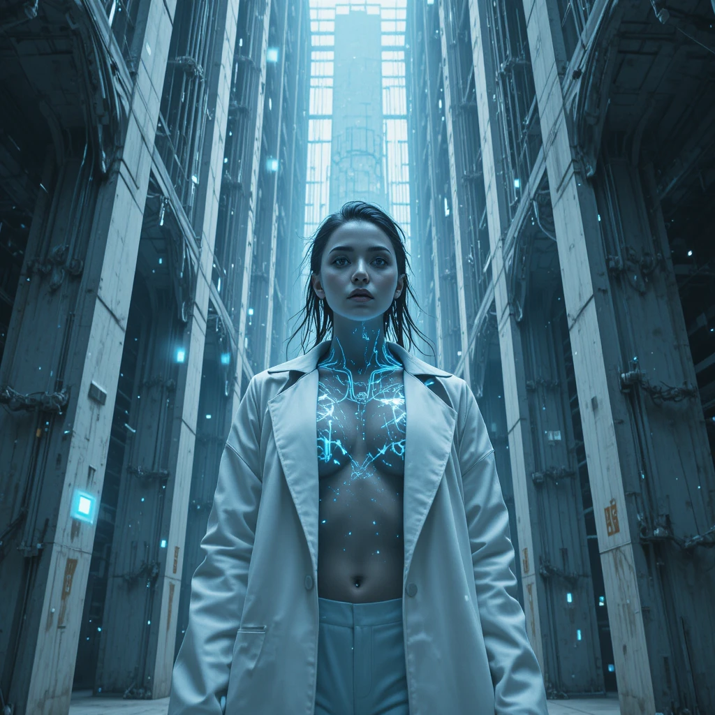 Cyberpunk woman in brutalist data cathedral atrium