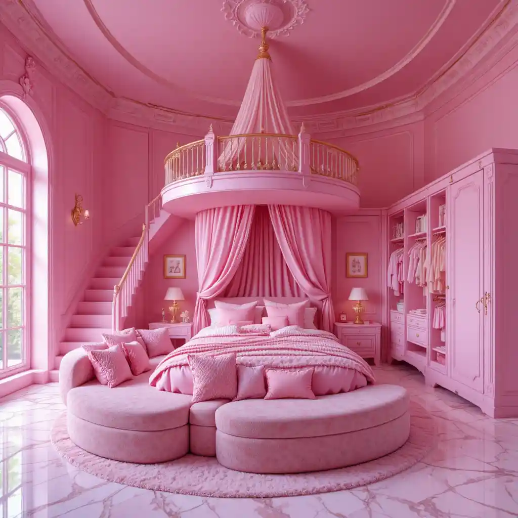 Chambre rose luxueuse avec lit circulaire et cabane à baldaquin