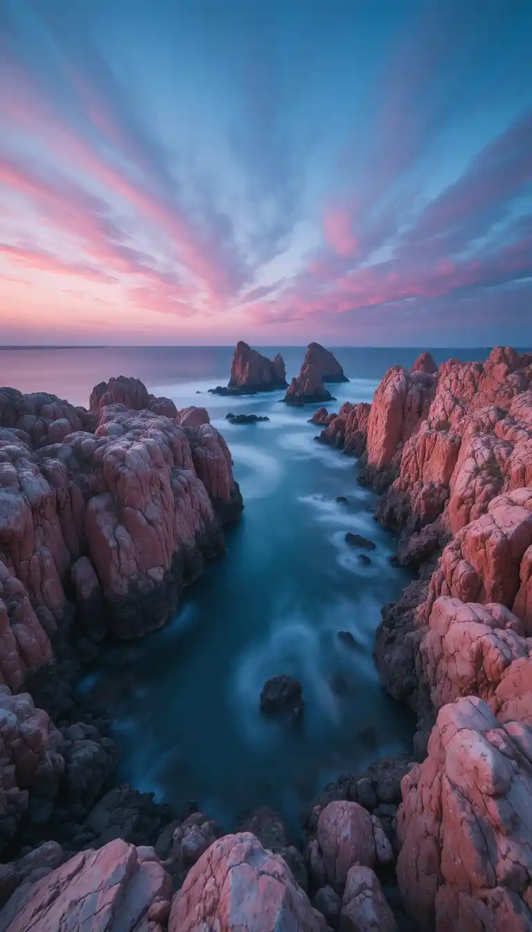 Paisagem marinha da costa de granito rosa na hora azul antes do amanhecer