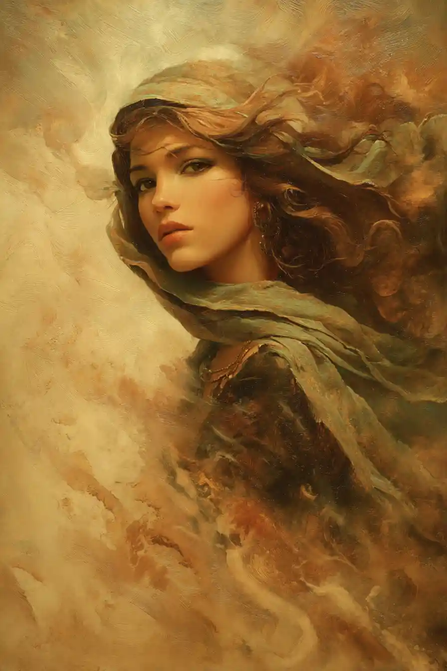 Ritratto enigmatico di ragazza in una pittura fantasy dalla luce soffusa