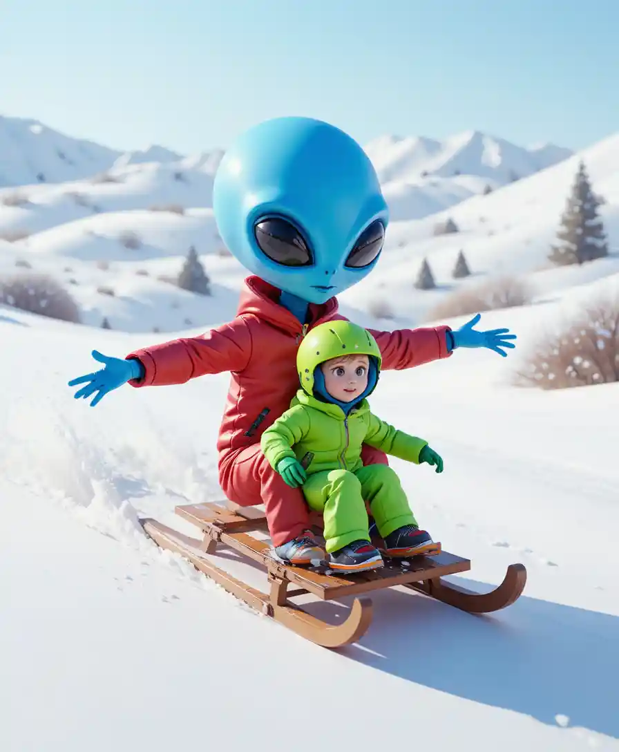 Alien bleu faisant de la luge avec un garçon dans un paysage enneigé minimaliste