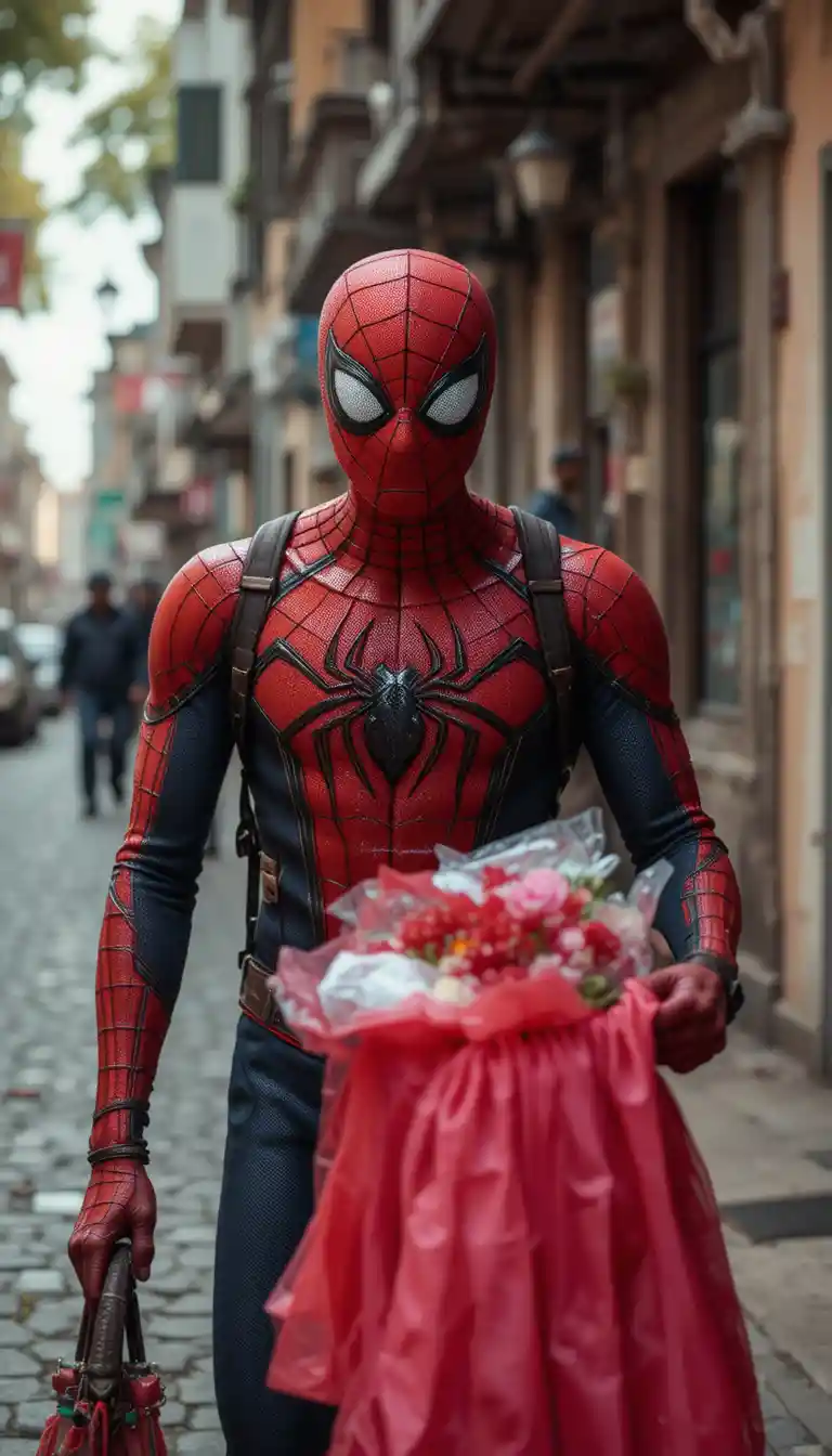 Superhero helping an elderly woman cross a busy city street