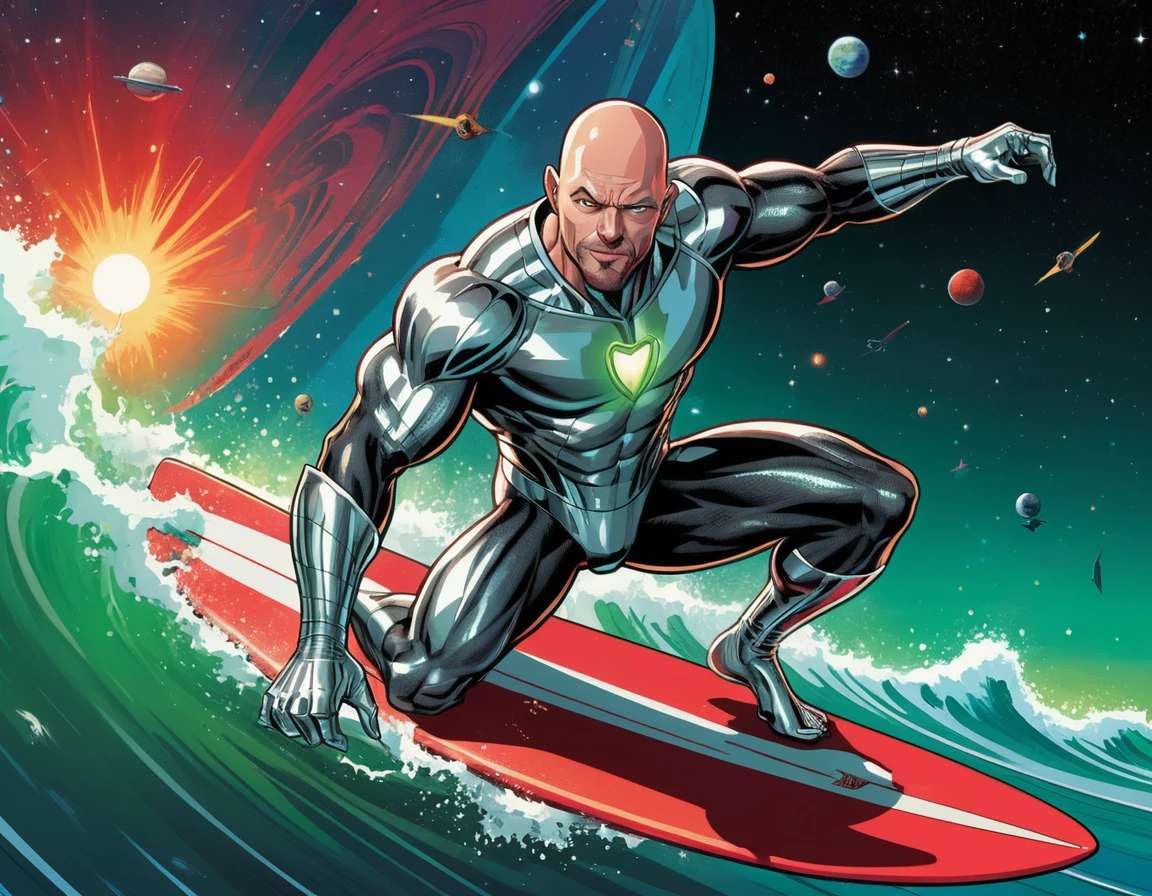 Herói musculoso de traje prateado surfando pelo profundo espaço sideral