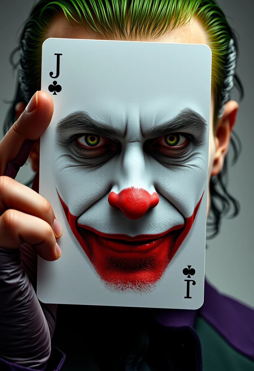 Homme aux cheveux verts avec maquillage de joker tenant une carte à jouer