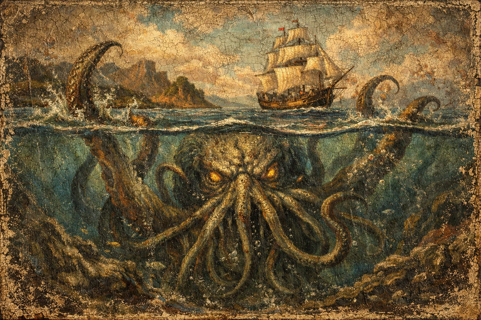 Antico dipinto a olio di un kraken che emerge verso un veliero