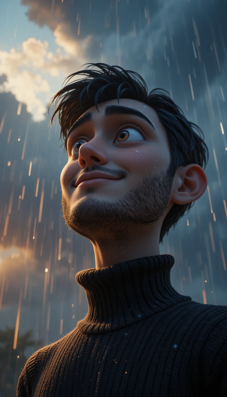 Uomo cartoon 3D che sorride dolcemente sotto la pioggia del mattino