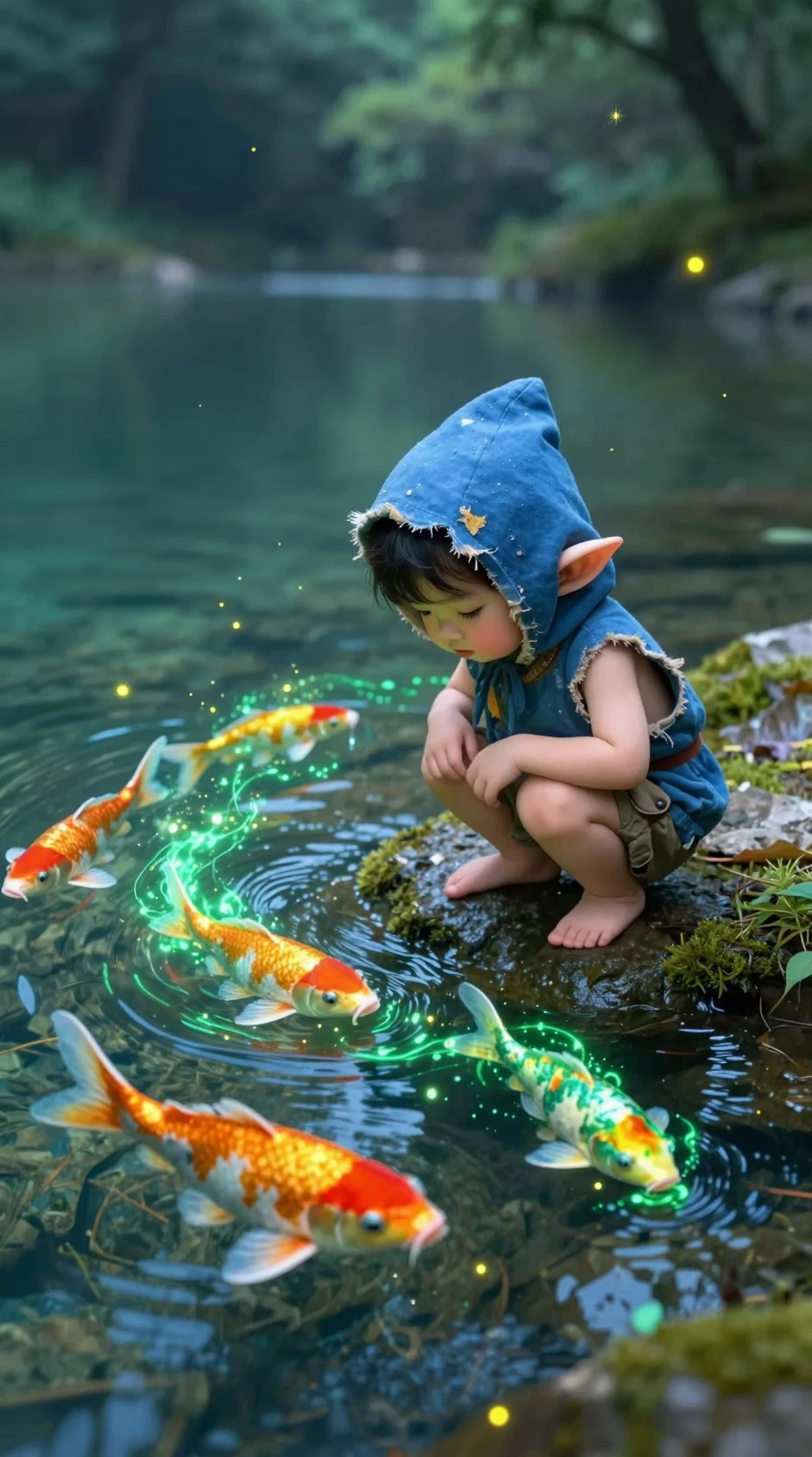 Piccolo elfo accanto a un lago di cristallo in una foresta luminosa