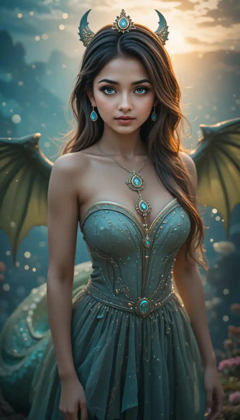 Fille anime à cornes de dragon sous l’eau dans un océan au coucher du soleil