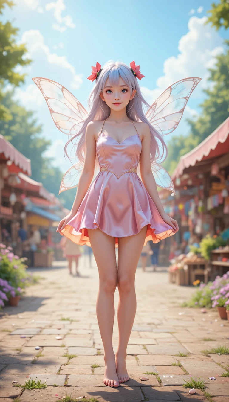 Ragazza fata anime in un soleggiato mercatino delle pulci in periferia