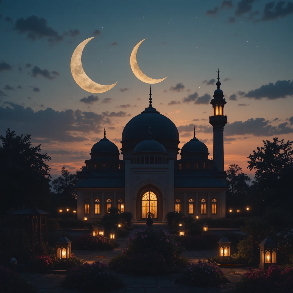 Noite de Ramadã tranquila com lanternas brilhantes e lua crescente