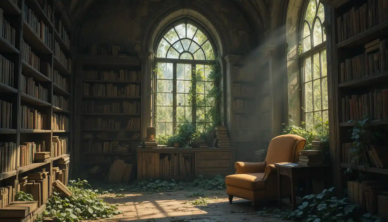 Antiga biblioteca banhada pelo sol com uma única poltrona de leitura gasta