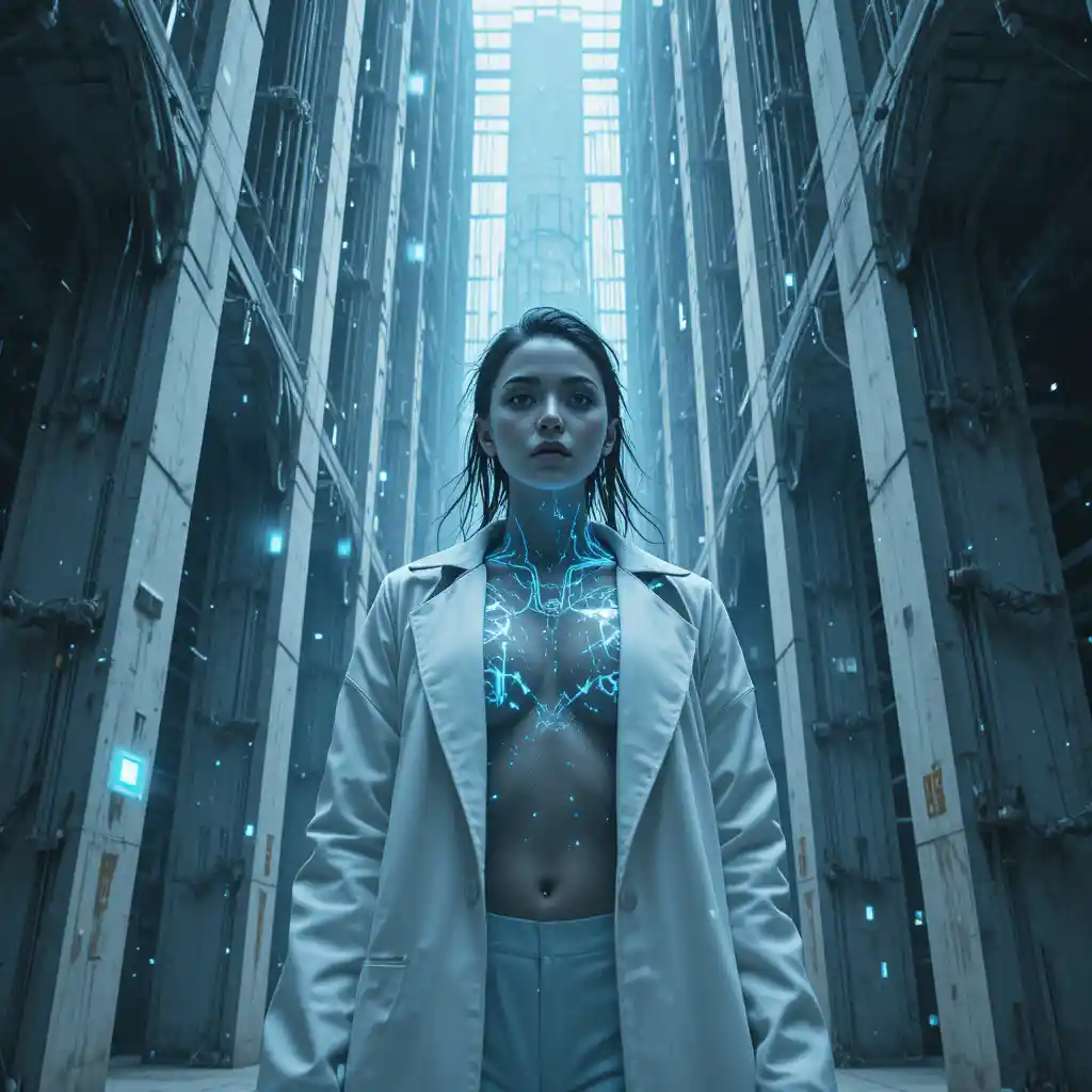 Cyberpunk woman in brutalist data cathedral atrium