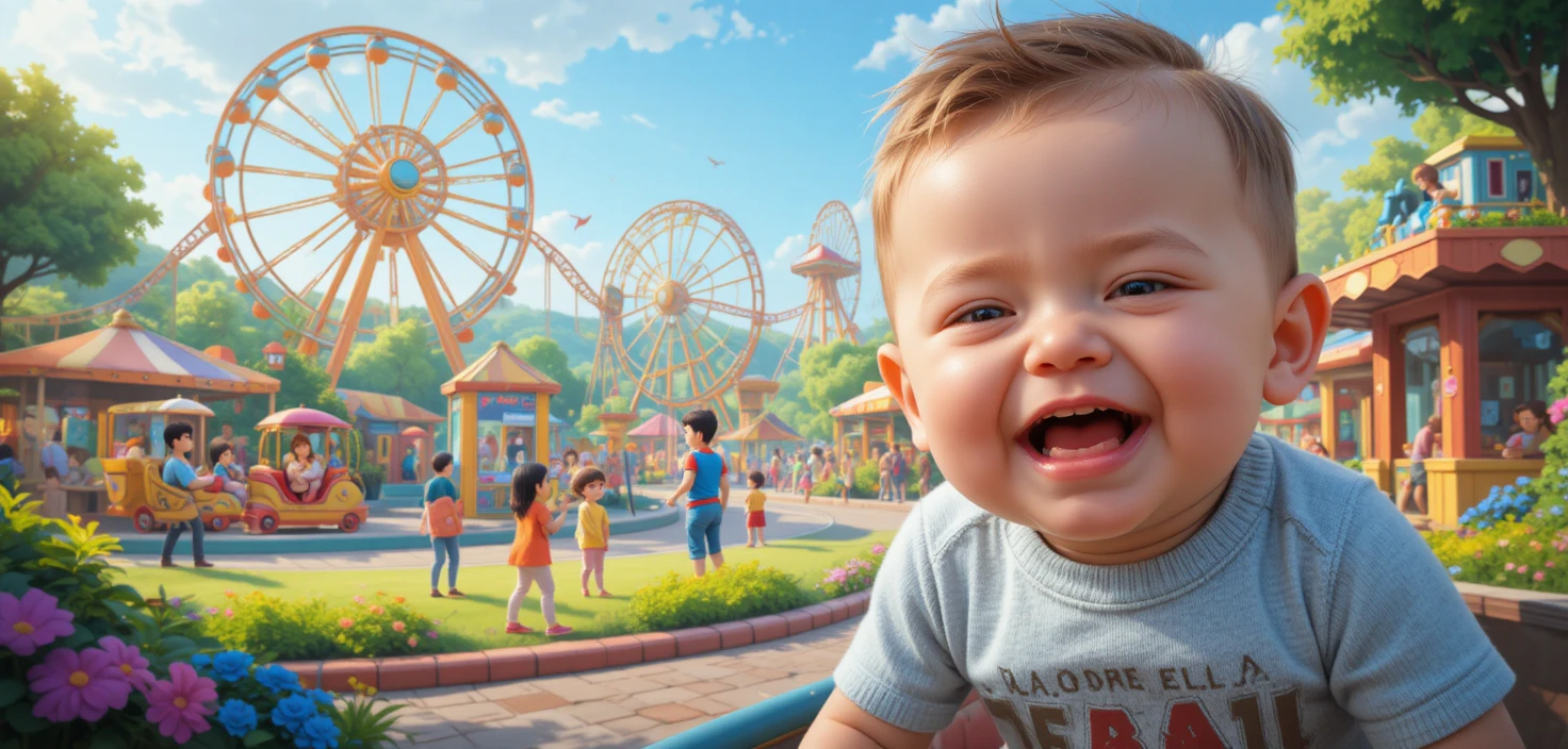Bebê menino brincalhão em parque de diversões familiar colorido