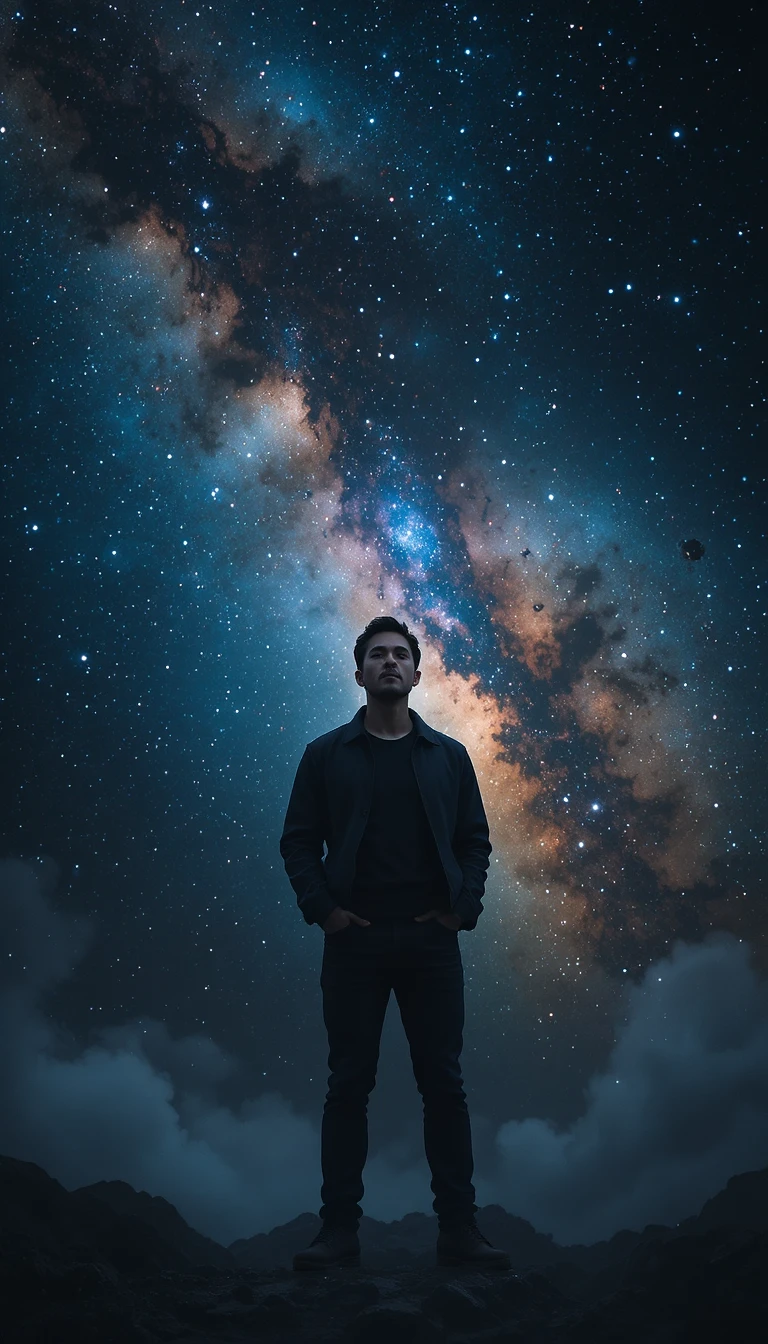 Thoughtful man standing before a vast swirling galaxy