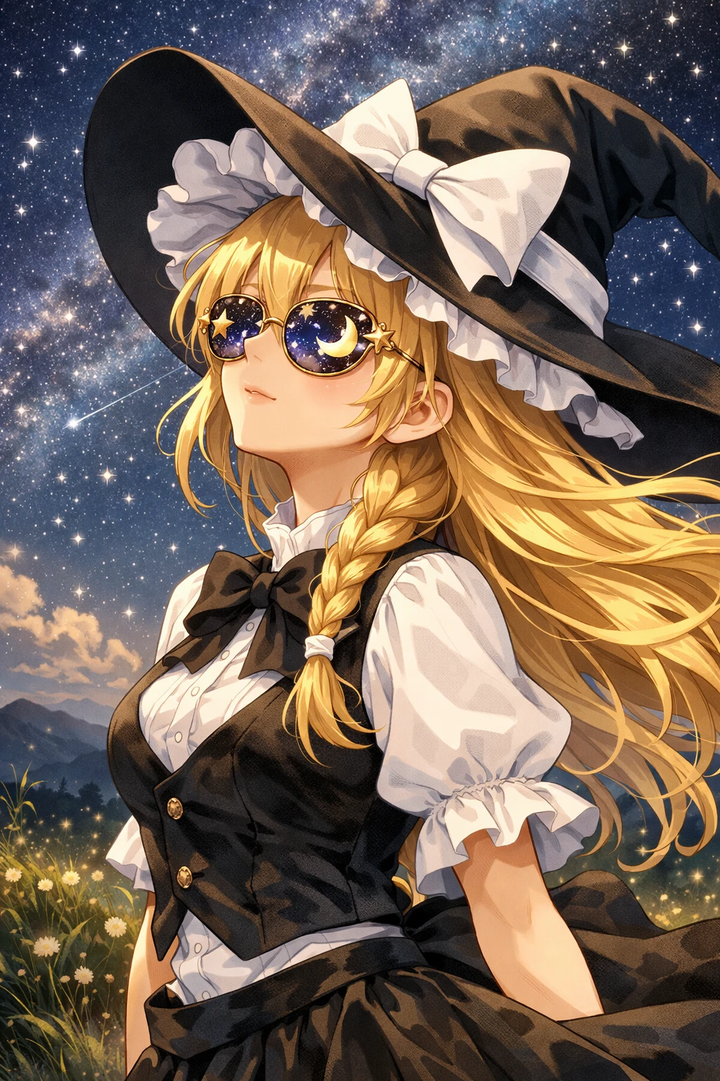 Ragazza strega in stile anime che osserva un cielo notturno magico