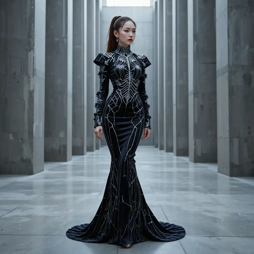 Korean model in silver web couture gown in brutalist hall