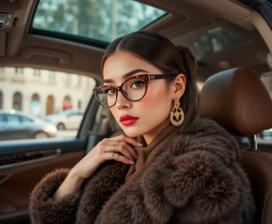 Elegant woman in fur coat driving a luxury car