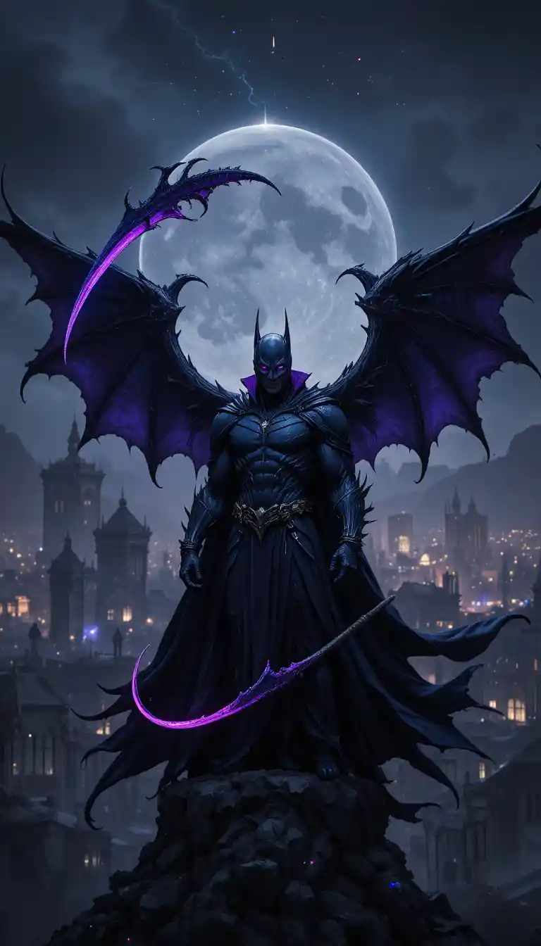 Dark warrior on gothic rooftops at dusk