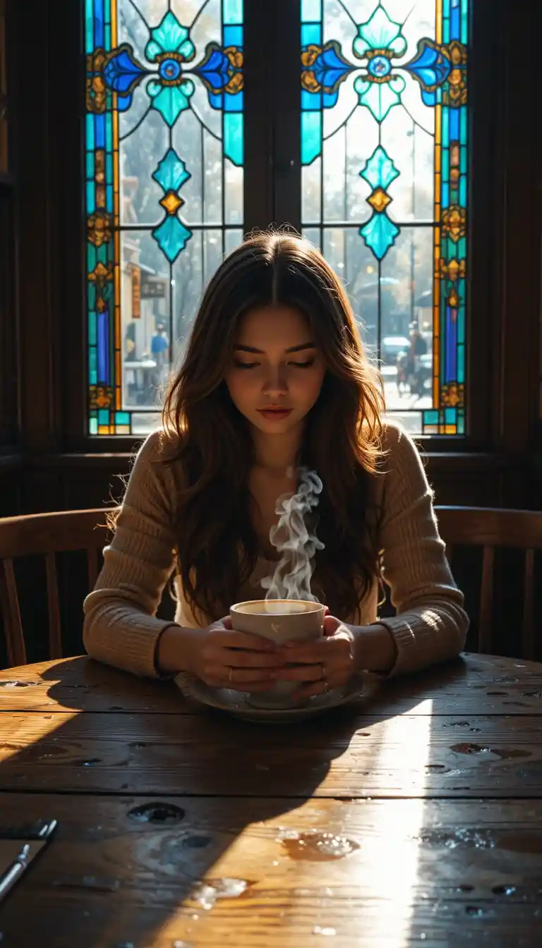 Young woman with coffee in morning cafe window light