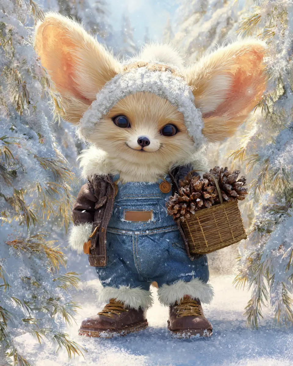 Cute fennec fox in winter forest storybook illustration