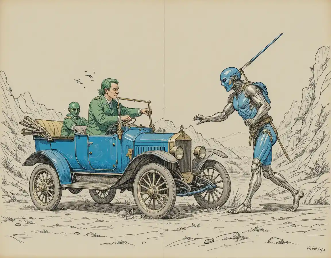 Ford Model T azul vintage em vista de perfil em estúdio clássico
