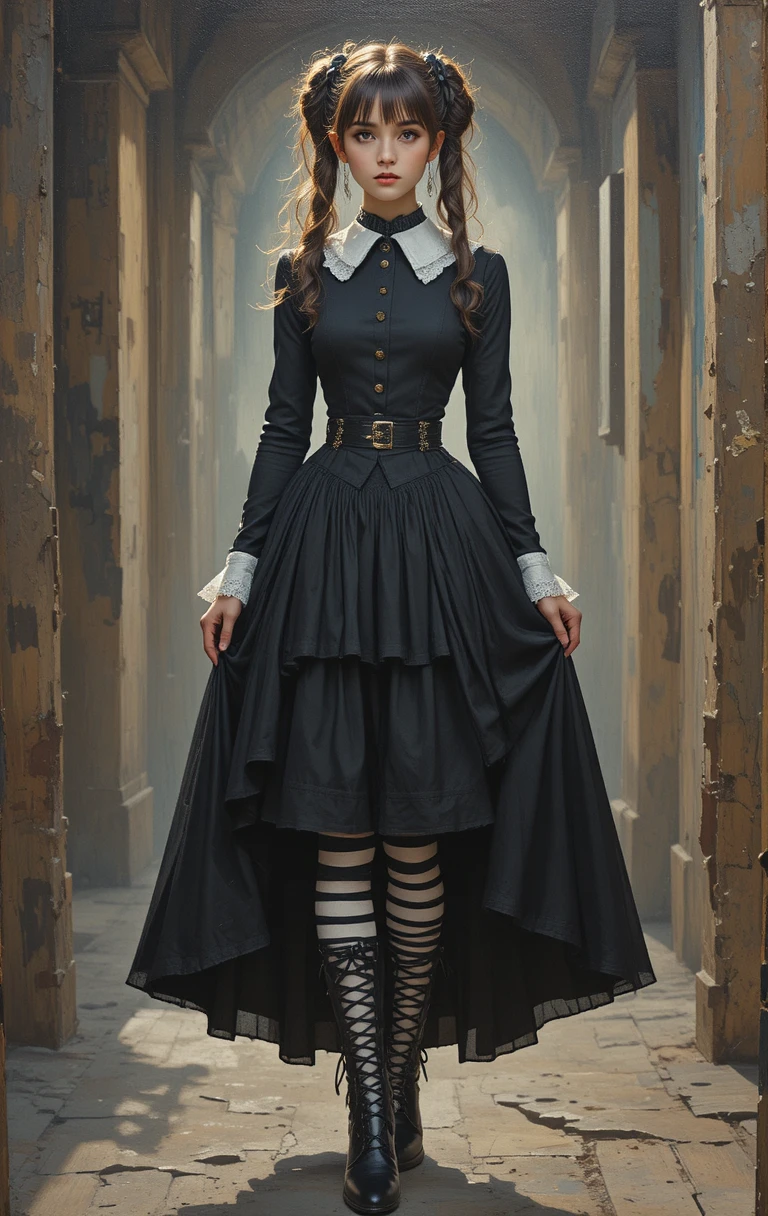 Gothic-Lolita-Frau im schwarzen Kleid im goldenen Licht