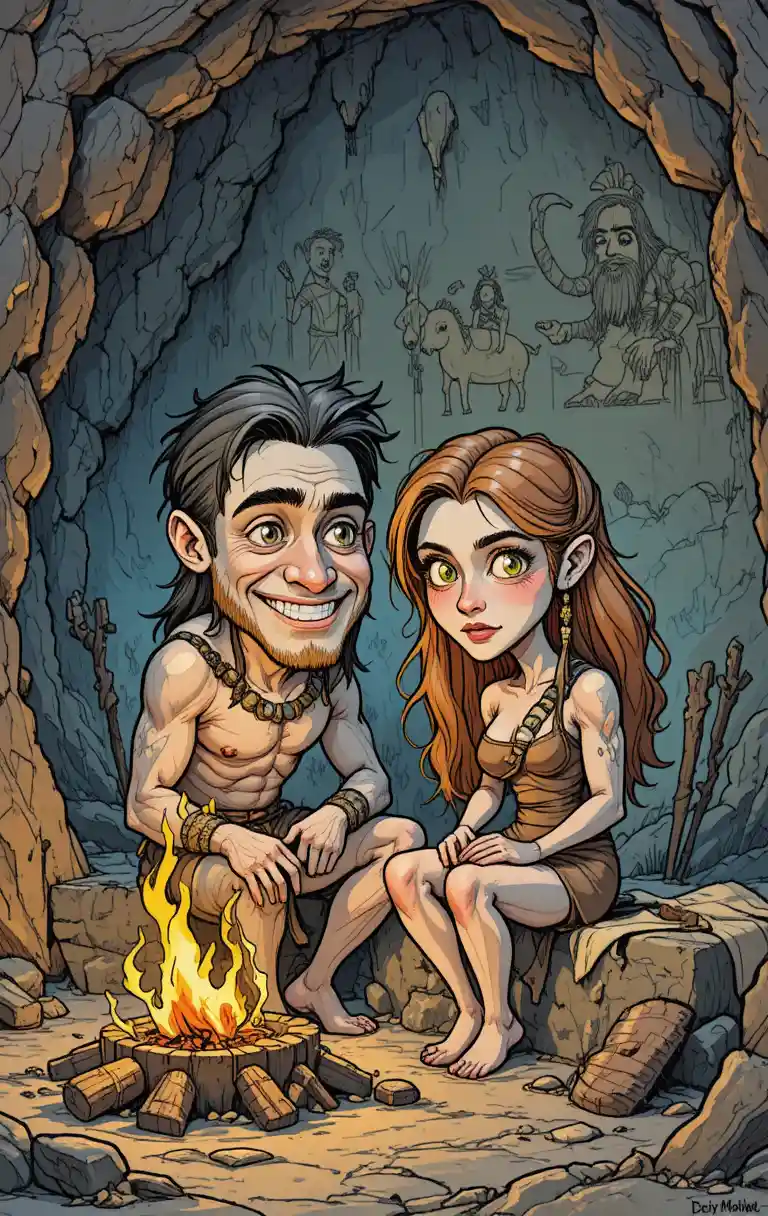 Cartoon-Höhlenmenschen-Paar am leuchtenden Herd in einer Höhle