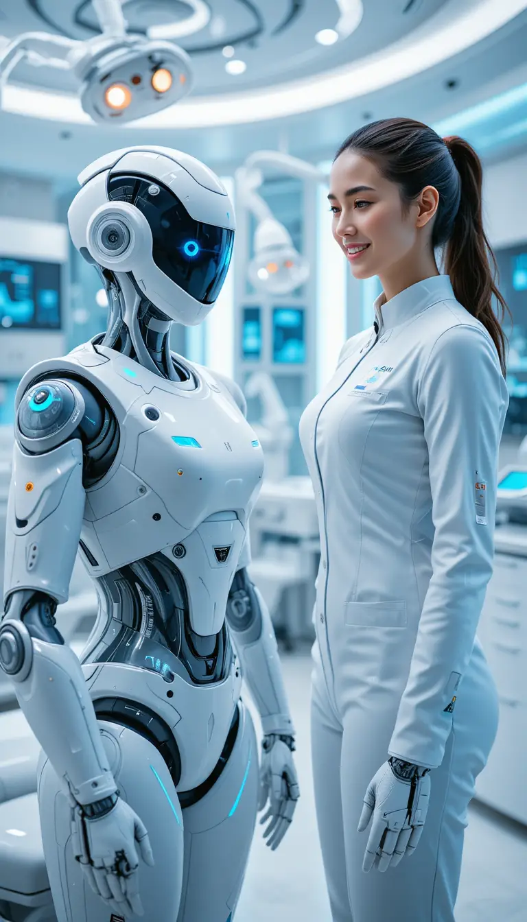 Futuristic female dentist with humanoid robot in clinic