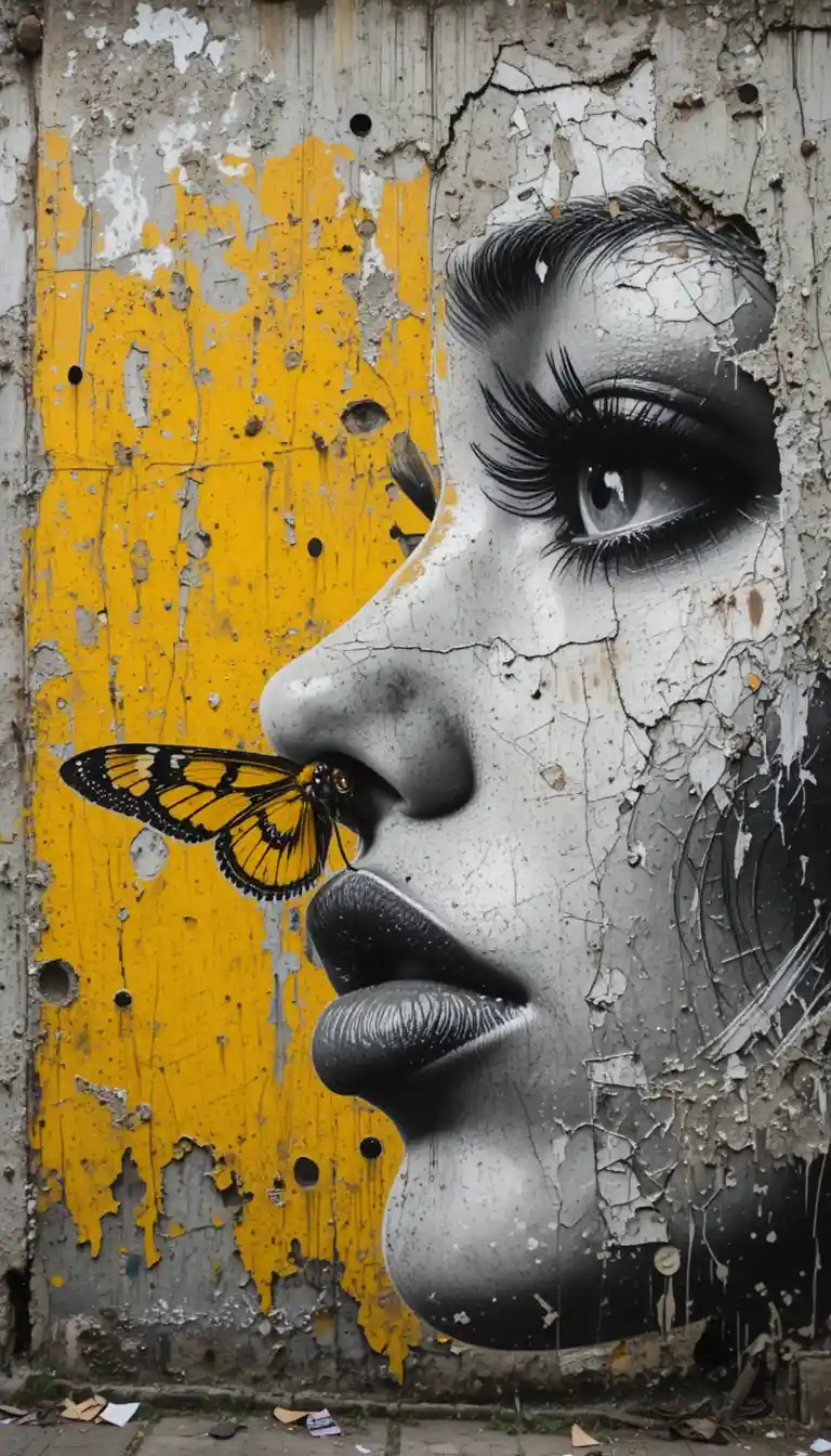 Urban wall mural of a woman eye and lips with moth
