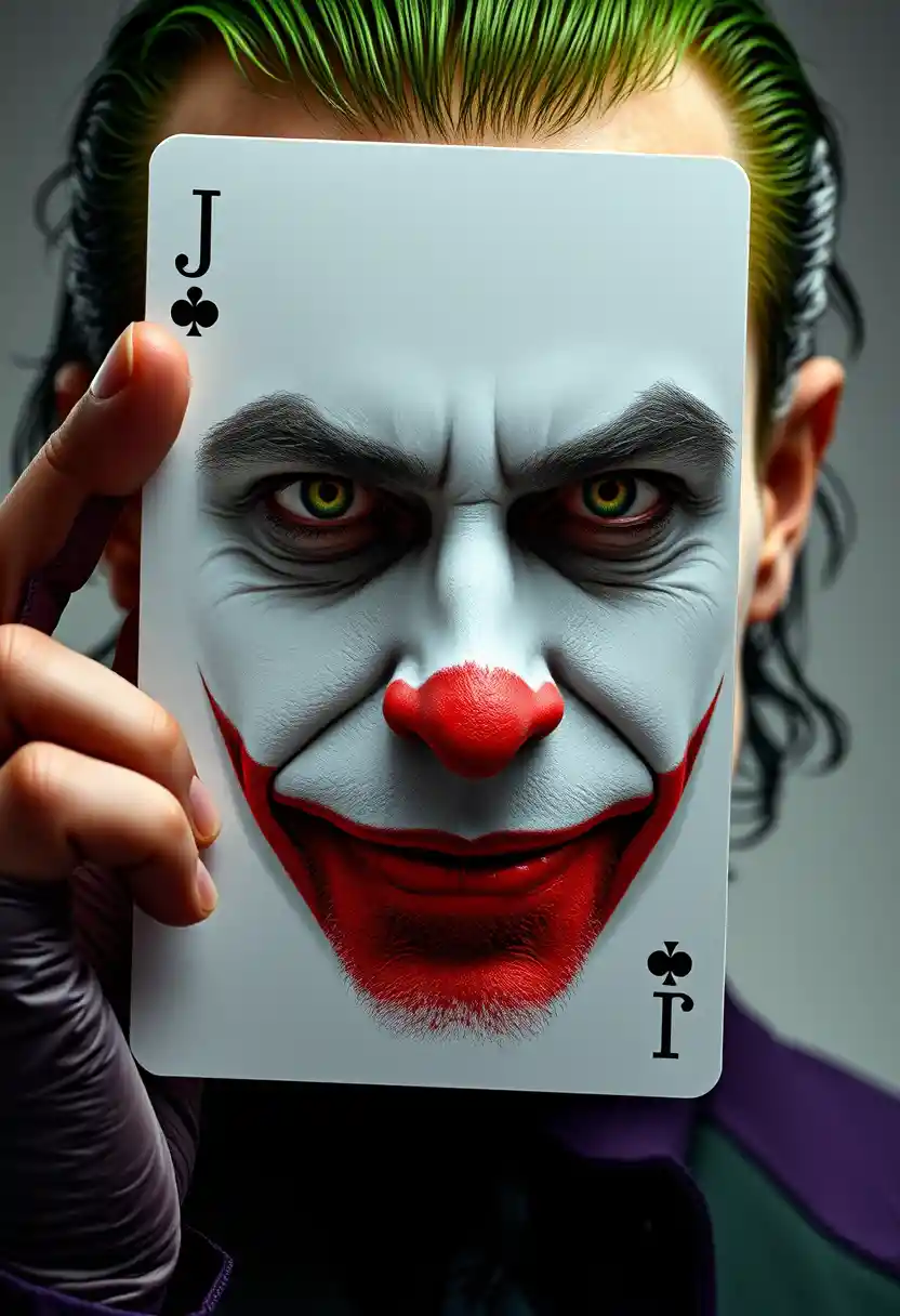 Homme aux cheveux verts avec maquillage de joker tenant une carte à jouer