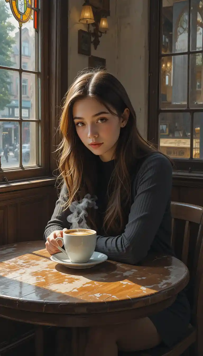 Young woman with coffee at a sunlit cafe table