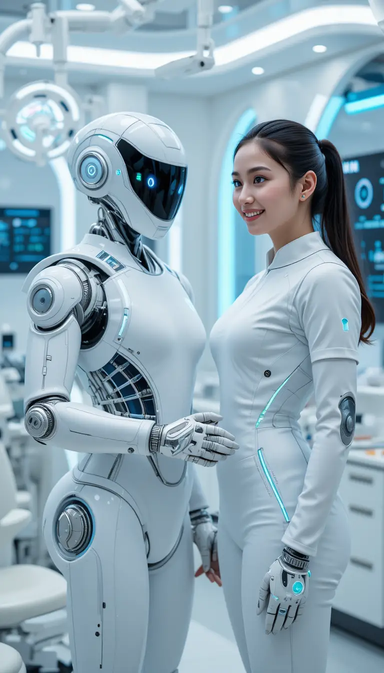 Futuristic woman dentist with humanoid robot in clinic