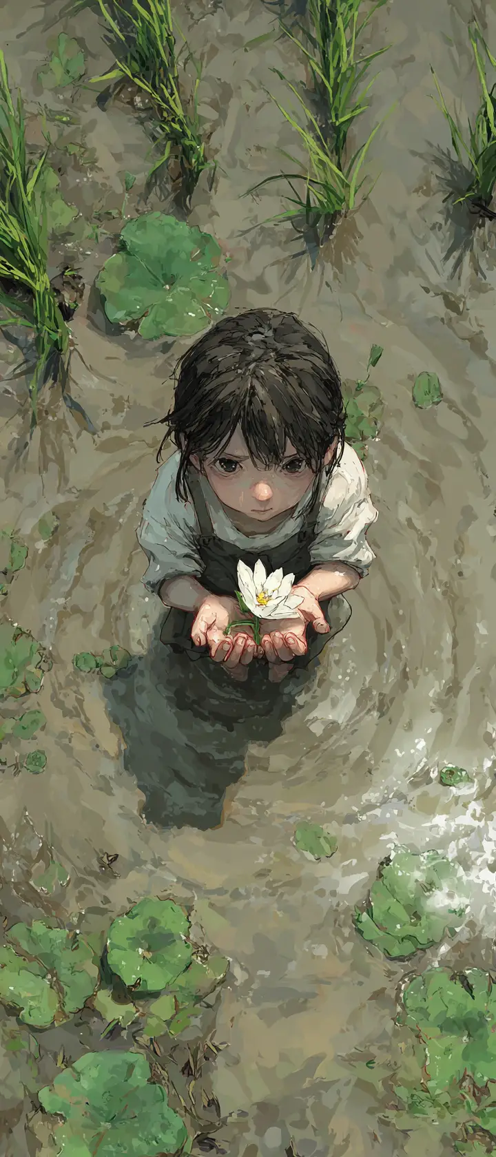暴風雨過後在淹水稻田中拿著蓮花的少女