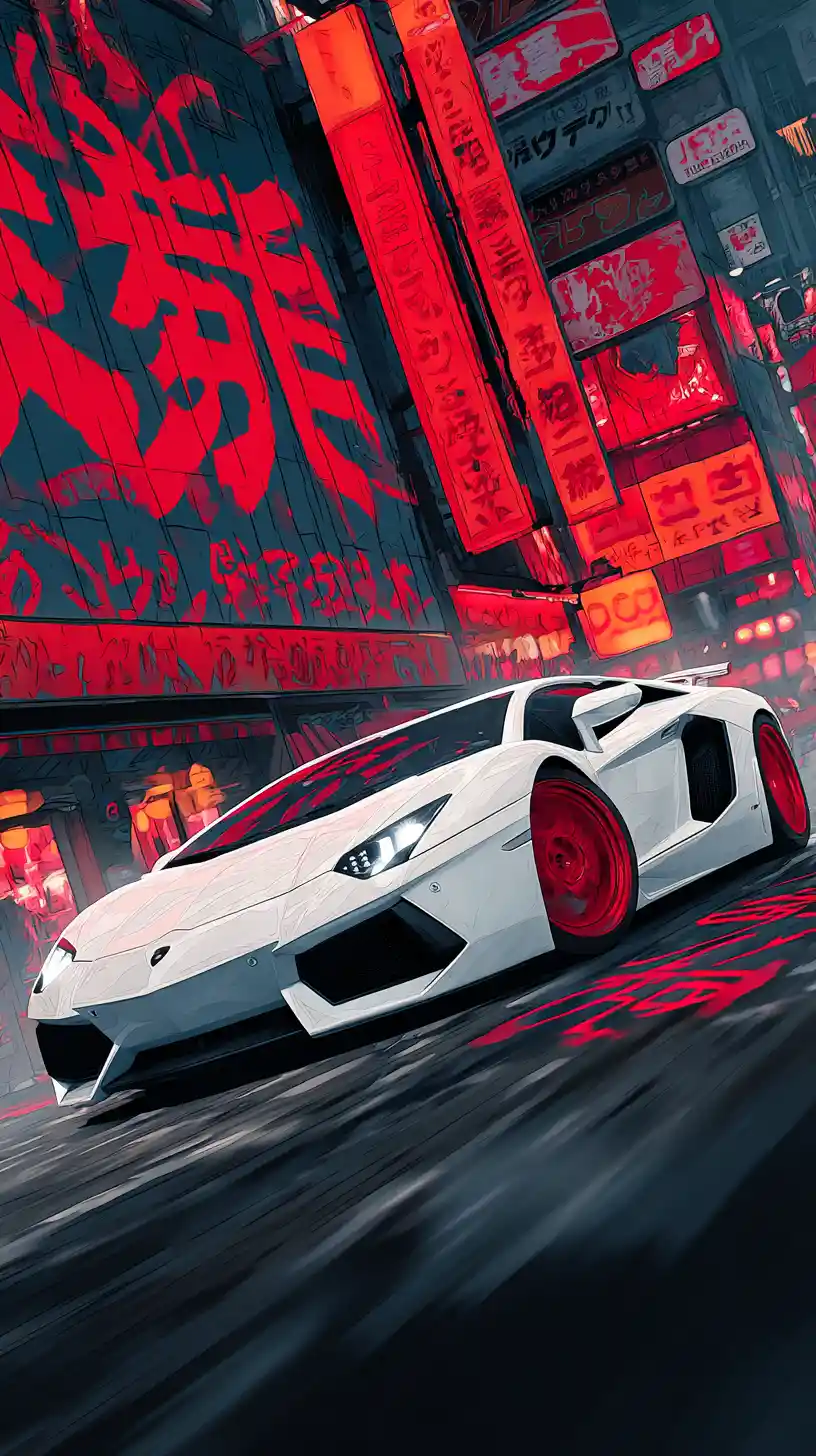Auto sportiva bianca che sfreccia in una strada di Tokyo illuminata al neon