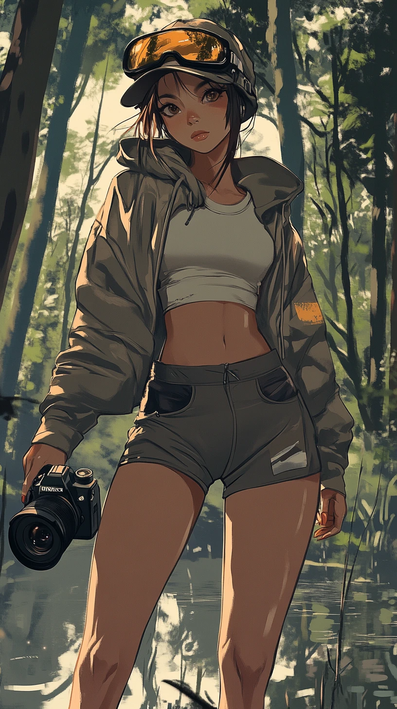 Ragazza anime fotografa in una foresta paludosa