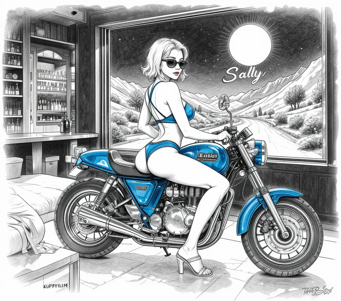 Rothaarige Frau auf dunkelblauem Motorrad in Neonbar